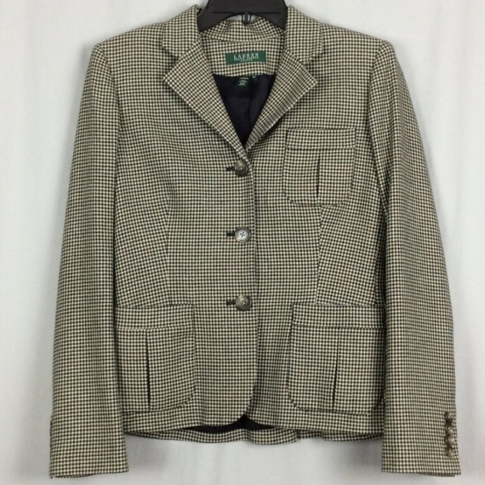 Ralph Lauren LRL 100% Wool Tweed Blazer Houndstooth 8P Academia Preppy 90s